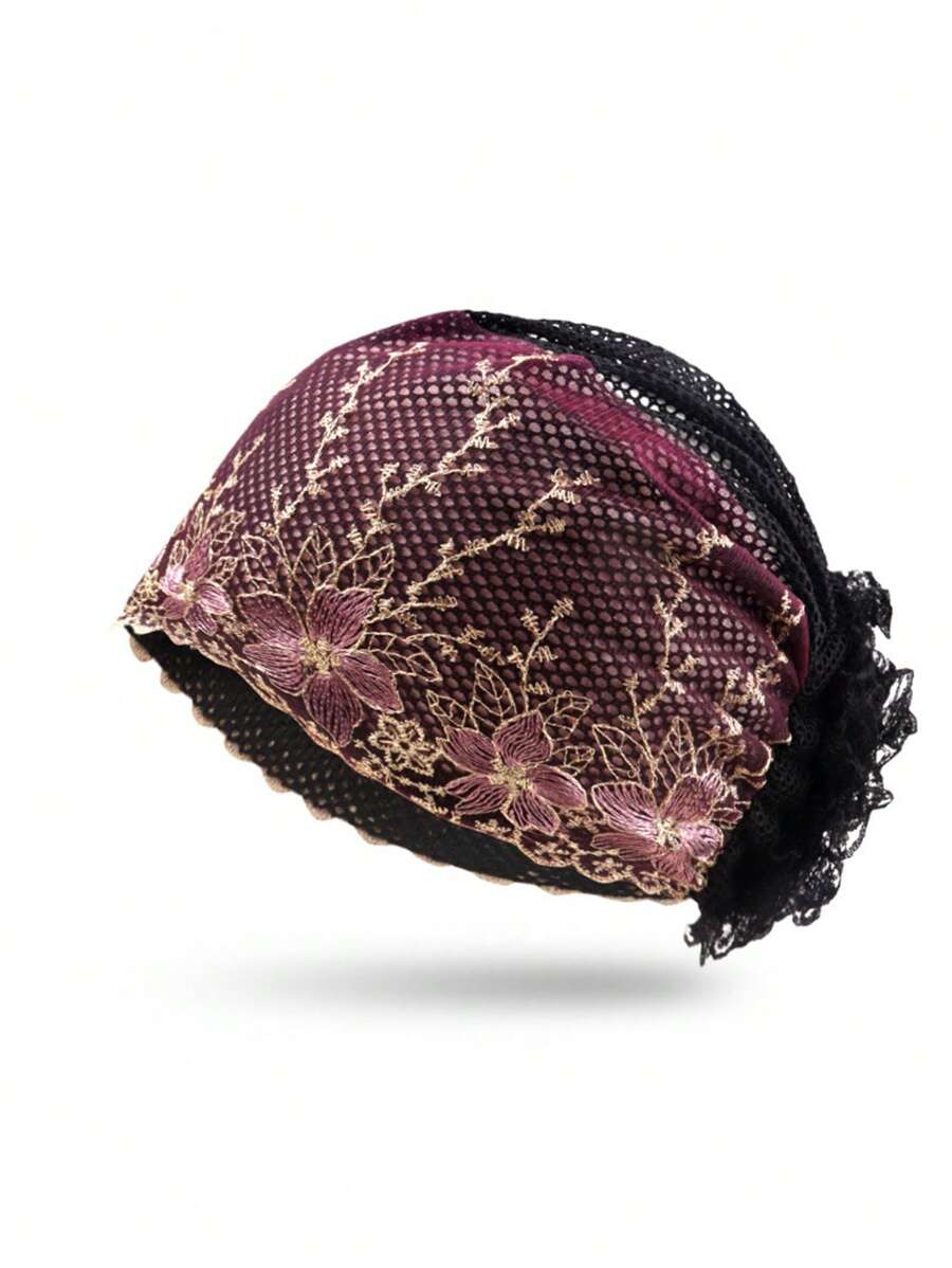 1pc Women Embroidery Hollow Out Headscarf, Stylish Head Wrap Suitable For Middle Aged & Older Mothers To Cover White Hair, Spring/Summer - A - View 1