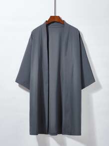 Chaqueta tipo cárdigan de longitud media de unicolor, de estilo versátil japonés. Chaqueta exterior larga de estilo Hanfu antiguo chino con solapa larga para protección solar, de estilo kimono - Gris Oscuro - Ver 1