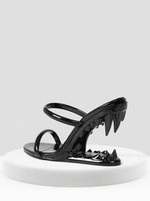 Morso Sandals For Women Shark Teeth Design High Heels Tiger Teeth Heeled Sandals Open Round Toe Slip On Strap Sandal Party Concert Outdoor Easter Gifts Spring Summer Dressy Womens Black Heels Shoes - 黑色 - 查看 8