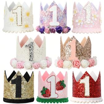 手工制作的生日派对皇冠帽，饰有漂亮的闪光和花卉装饰，生日和节日通用庆祝头饰，摄影道具