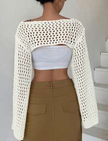 GoyRrbay Womens Cropped Knit Sweater Top Hollow Out Bolero Shrug See Through Crochet Shrug Y2K Top - 白色 - 查看 5