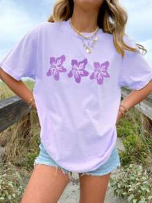 Oversized Graphic T Shirt For Women Teens Girl Y2K Floral Short Sleeve Baggy Tee Shirts Loose Fit Vintage Aesthetic Coastal Tops Summer Beach Going Out Tops - 紫色 - 查看 3