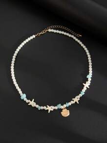 Fashionable Ocean Style Minimalist Shell Pendant Blue Crystal Beaded Faux Pearl Necklace, Daily Wear For Men, Charming Hawaii Vacation Jewelry