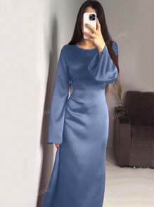 Vestido midi elegante de estilo árabe con cinturón y mangas acampanadas para mujer, modesto