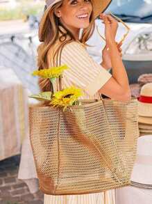 1pc Mesh Tote Bag, Cosmetic Bag, Casual Handbag, Foldable Women's Shoulder Bag For Picnic, Waterproof, Foldable, Essential Bag, Multifunctional Shoulder Shopping Tote, Mesh Hollow Bag, Mesh Bag, Bathroom Storage Bag, Multifunctional Toiletry Bag, Bathroom Bag And Shoulder Tote, Lightweight, Large Capacity, Portable Mesh Beach Bag, Suitable For Family Travel, Vacation, Beach, Camping And Hiking, Summer Holiday Bag