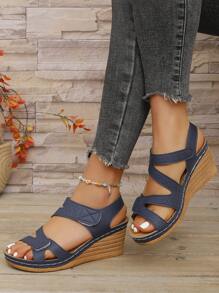 New Fashion Wedge Sandals, Thick Bottom Open Toe Strap Closure Block Heel Sandals For Women - Blue - View 1