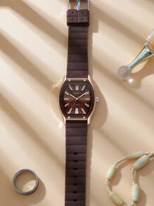 1 Pc Rebirth Brand Simple & Fashionable Student Quartz Watch With Silicone Strap, Unisex Suitable For Daily Decoration - Coffee Brown - View 4