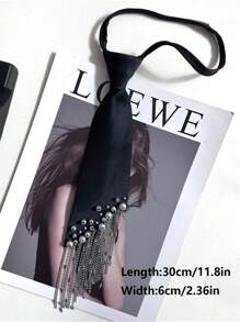 1 Stück Damen Krawatte mit Dekor aus Kunstperlen und verstellbarer Metallkette, moderner minimalistischer Stil, geeignet für Party, Feier und täglichen Gebrauch - Schwarz-A - Übersicht 3