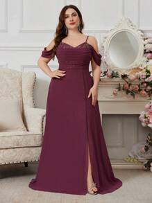 UNITHORSE Plus Size Backless Slit Dress With Sequin, Spaghetti Strap Ruched Front, Fabric, Cami Strap, Women's Dress, Party Dress, Wedding Guest Dress, Formal Dress, Evening Dress,Gown - Red Violet - View 5