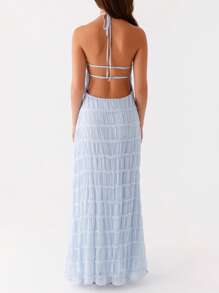 Women's Ruched Bodycon Long Dress Sleeveless Backless Solid Color Dress Cocktail Party Dress - Blue - View 5