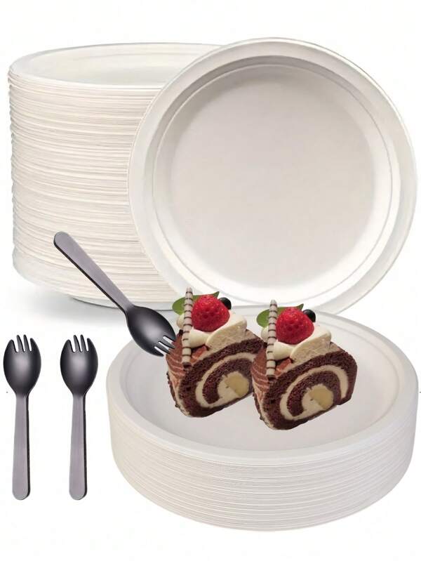 10/95/100/200pcs 7-Inch (Approx. 17.5cm) Disposable Paper Plates, Suitable For Daily Meals, Dinner, Parties, Fruit, Cakes. Includes Compostable Paper Plates And Cutlery Set