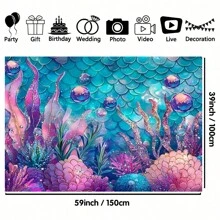 1pc Mermaid Party Background Banner, Purple Coral And Pearl Theme, Birthday Party Photo Background, Party Decoration, Suitable For Party Celebrations, Weddings, Anniversaries, Birthday Party Decoration, Home Indoor And Outdoor Garden Decoration - Multicolor - View 4