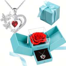 Blue Soap Rose Exquisite Gift Box, Paired With A Heart-Shaped Four Butterfly Pendant Necklace, Suitable As A Love Gift For Mothers, Lovers, Girlfriends, Suitable For Valentine's Day, Christmas, Mother's Day Gifts, Give Her A Surprise