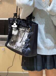 日系原宿新款时尚缎面蝴蝶结大容量包，可装谷物、挂钥匙扣、明信片、玩偶，可参加动漫展、派对，可送朋友，可肩背，可放徽章、激光票，可搭配洛丽塔服饰，可送情人节礼物、圣诞礼物、生日礼物，时尚优雅女士包包 - 黑色 - 查看 4