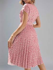 Summer Round Neck Short Sleeve Ditsy Floral Ruffle Bohemian Vacation Dress - Pink - View 2