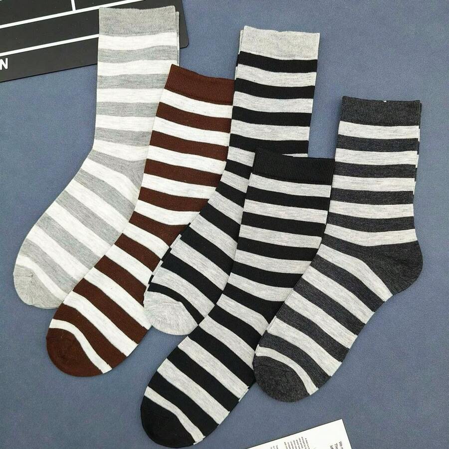 5-Pack Men's Crew Socks, Fashionable Stripe & Zebra Pattern, Casual & Formal Wear, Tall High-Waist Style - Multicolor - View 1