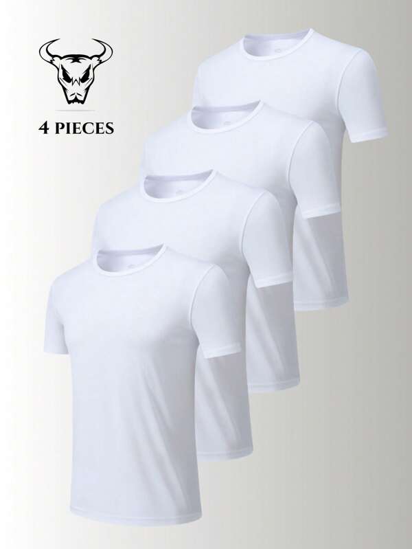 4pcs Set Men's Summer Workout Moisture Wicking Short Sleeve T-Shirts, Outdoor Sports Breathable Marathon Running Couple Quick Dry Tops Tee