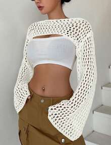 GoyRrbay Womens Cropped Knit Sweater Top Hollow Out Bolero Shrug See Through Crochet Shrug Y2K Top - 白色 - 查看 4