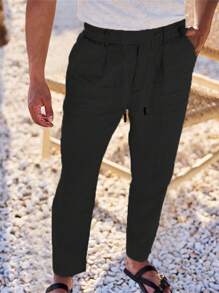 Men's Breathable Linen Pants Solid Color Drawstring Waist Casual Straight Leg Trousers For Summer - Black - View 3