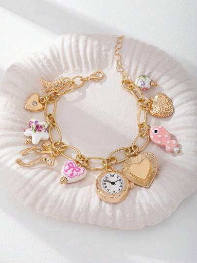 1 件陶瓷海星、心形、蝴蝶结吊饰手链、仿钟表吊饰手链、带多个吊饰的链环手链、波西米亚风夏季珠宝（手工制作的配饰，颜色和形状可能随机变化）