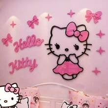 Sanrio 1PC Sanrio 3D Acrylic Wall Decal - Pink 3D Hello Kitty, Big Ear Dog Bedroom Decor, Anime Theme Wall Sticker For Room, Living Room, Bedroom Or Living Space, Cute Cartoon Design With Heart Shaped Embellishment, Hello Kitty Room Decor