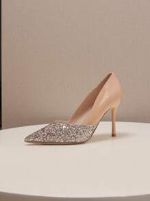 Sapatos de Salto Alto Stiletto de Bico Elegantes para Mulheres, Design em Bloco de Cores de Cristal, Adequados para Festas, Casamentos e Trabalho Diário - Moda Versátil, Decote Baixo, Fácil de Usar Scarpins Boneca Maria