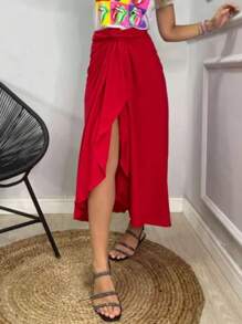 VISCOLINHO WRAP SKIRT WITH SLIT LINING - RED - Rojo - Ver 2