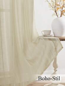 VEHEDE 2pcs Set Milky White Tiger Linen Semi-Sheer Curtains, Suitable For Living Room; Linen Texture Embroidered Curtains, Suitable For Bedroom - Beige & White - View 3