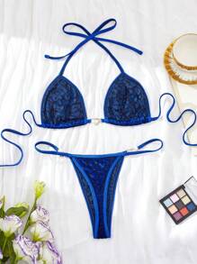 2 件女式蓝色烧豹纹比基尼，度假海滩蕾丝吊带，露背，猎豹印花，爱心金属环装饰，性感比基尼套装，性感内衣套装