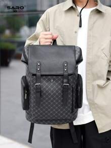 saroxi Men's Fashion Backpack, Casual Daypack, Korean Waterproof Print Large Capacity Travel Laptop Hiking Backpack,With Zipper, PVC Black Bag, Suitable Gift For Men, Fashionable Solid Color Laptop Bag Carry On Backpack, Airline Approved Travel Essentials - Multicolor - View 5