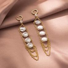 1 Pair Women Elegant & Noble Asymmetrical Faux Pearl Gold Tassel Earrings
