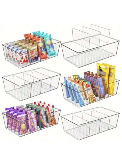 透明塑料储物箱，4 格茶包储物，分隔式食物储物整理箱，适用于食品储藏室、厨房、冰箱、橱柜、小包香料、小袋零食储物盒桌面储物