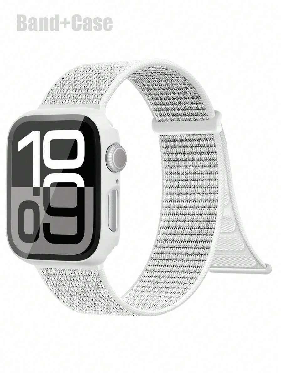 Compatible With Apple Watch Band Case Men'S And Women'S Fashion Sports Soft Breathable Magic Self-Adhesive Nylon Strap + Frosted Texture Anti-Drop And Scratch Pc And Tempered Glass Protective Film Integrated Watch Case Compatible With Apple Watch 40/41/42/44/45/46/49mm Replacement Band Case Compatible With Apple Watch Series Ultra/11/10/9/8/7/6/5/4/Se Band Case Washable Band Touch Sensitive Case - Flash White - View 1