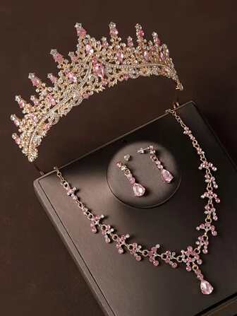Set de joyería de 4 piezas para mujeres con cristales rosas, incluye corona, collar y aretes, accesorios de joyería de moda para novia, adecuado para vestidos de novia, vestidos, fiestas y reuniones