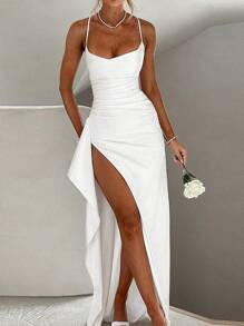 女士缎面无袖垂褶开衩修身性感派对情人节晚礼服 白色夏季优雅 - 白色 - 查看 1
