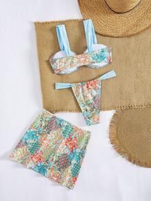 Sultry Sol Nowy miękki materiał, nadrukowany gruby pasek, odkryty tył, plażowy zestaw bikini z spódnicą kopertową, modny i elegancki damski kostium kąpielowy na letnią plażę - Wielokolorowe - Zobacz 7