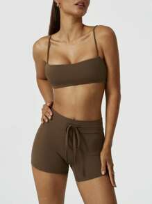 NcmRyu 1 Set Women Seamless Elastic Sexy Camisole With Padded Bra And Shorts Sports Suit - Brown - View 4