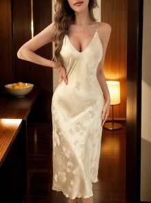 1pc Women Sexy Spaghetti Strap Maxi Dress, Champagne Silk Jacquard Adjustable Slip Dress Sleepwear, Long Gown Suitable For All Seasons - Champagne - View 1