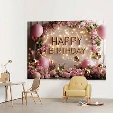 1 Pc Elegant Pink Balloon Birthday Backdrop, With Floral Wreath And Golden Accents - Made Of Polyester Fabric, Ideal For Social Gatherings, Photography And Celebrating Special Occasions, Birthday Party Decoration