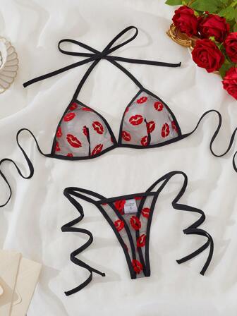Set de 2 piezas de lencería con encaje floral y estampado de labios sexy, sujetador con lazo halter y tanga calado, ropa interior íntima para mujeres, adecuada para citas y salidas
