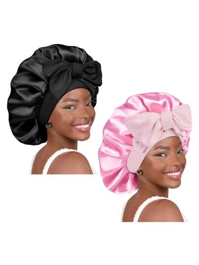 2件装奢华缎面丝滑睡眠帽，带可调节抽绳 - 轻盈护发帽，整晚舒适，方便护发和沐浴 - 男女通用
