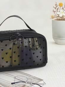 1pc Women Classic Mesh Heart Shaped Cosmetic Bag, Large Capacity Makeup Organizer Bag, Fashion Travel Toiletry Bag Suitable For Work, School & Travel
