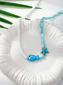 1pc Handmade Summer Ceramic Fish & Starfish Colorblock Boho Beaded Necklace, Vacation Style Bohemian Jewelry For Women - Multicolor - View 2