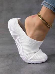 Women's White Low Heel Breathable Knit Casual Flat Loafers, Lightweight & Comfortable Slip-On Sneakers For Daily Wear - White - View 9