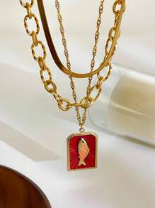 Monlansher 1pc New Stainless Steel Necklace For Women, Fashion Square Plate Embossed Fish Design Handmade Glazed Pendant, Versatile Daily Wear Layered Necklace - Gold - View 5