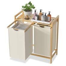 Froadp 72L Oxford Fabric Laundry Basket 2 Compartments, Laundry Bin With Top Shelf And Bamboo Handle, Expandable Drawer Slides For Laundry Closet, Removable Laundry Sorting System - 米色 - 查看 1