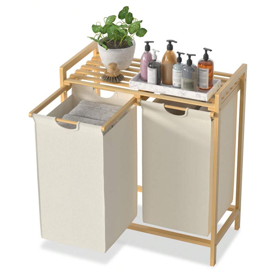 Froadp 72L Oxford Fabric Laundry Basket 2 Compartments, Laundry Bin With Top Shelf And Bamboo Handle, Expandable Drawer Slides For Laundry Closet, Removable Laundry Sorting System - 米色 - 查看 1