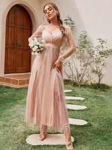 Simplee Women's Summer Tulle Fitted Maxi Length Elegant Bridesmaid Dress, Graduation Dress - Baby Pink - View 3