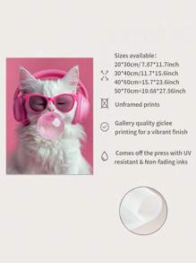1pc Canvas Art Painting, Modern Decorative Poster Depicting A Cat Wearing Headphones And Chewing Bubble Gum, Frameless Wall Decor Suitable For Home, Office And Bathroom, High-Quality Canvas - Pink - View 7