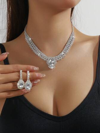 3 件镶有水钻的水滴吊坠项链套装，配有手链和戒指，适合女性日常佩戴、上学、约会、婚礼派对、情人节、节日礼物